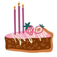 anniversaire gâteau avec bougies. sucré dessert, gâteau tranche pièce avec baies. anniversaire, vacances, anniversaire. vecteur main dessiner illustration