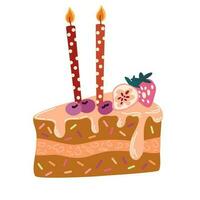 gâteau tranche pièce avec bougie. sucré dessert avec en poudre sucre, baies et glaçage. content anniversaire salutation carte conception avec main tiré griffonnages. vecteur illustration