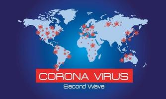 affiche de la deuxième vague du virus corona avec des cartes du monde vecteur