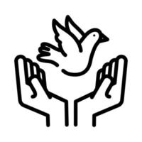 mains soulevant l'icône de style de ligne volante colombe de la paix vecteur