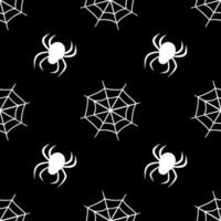 joli modèle sans couture avec des toiles d'araignées blanches et des araignées sur fond noir. décoration de fête d'halloween. impression lumineuse pour le papier, les textiles et le design vecteur
