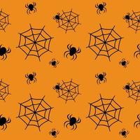 joli modèle sans couture avec des toiles d'araignées noires et des araignées sur fond orange. décoration de fête d'halloween. impression lumineuse pour le papier, les textiles et le design vecteur