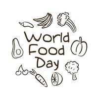lettrage de célébration de la journée mondiale de l'alimentation avec style de ligne de fruits et légumes vecteur