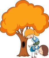 deux enfants avec un grand arbre isolé vecteur