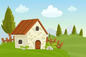 Fée maison de calcul, paysage avec en bois clôture, herbe, des arbres, agriculture dans dessin animé style vecteur