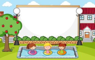 scène de parc avec bannière vierge et personnage de dessin animé de nombreux enfants doodle vecteur