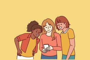 adolescent les filles Regardez à mobile téléphone et rire à intéressant vidéo a trouvé sur l'Internet. content école âge les filles avec intelligent téléphone sont passionné à propos app et en ligne Jeux permettant à avoir amusement vecteur