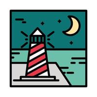 paysage phare océan lune nuit ciel dessin animé ligne et style de remplissage vecteur
