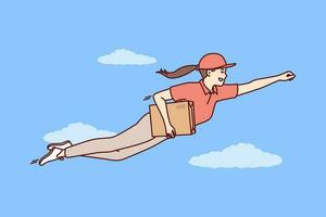 super-héros courrier est en volant dans ciel avec parcelle pour les clients et est dans se dépêcher à livrer courrier commande. femme courrier un service employé dans super-héros pose pour publicité pour vite parcelle livraison entreprise vecteur