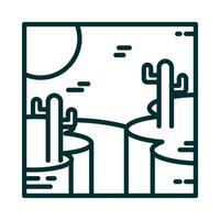 paysage désertique avec style d'icône de ligne de dessin animé de soleil de cactus de canyon rocheux vecteur