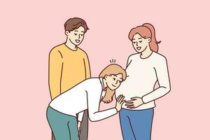 Enceinte femme des stands avec copains et permet à mettre oreille à estomac à entendre mouvements de bébé. Enceinte fille se réjouit cette elle volonté bientôt devenir mère et partager positif avec sœur vecteur