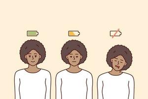 femme avec différent batterie les niveaux pour concept de différence entre Humain mental Etat et avoir besoin pour récupération. africain américain femme avant et après travail cette causes fatigue et prend énergie vecteur