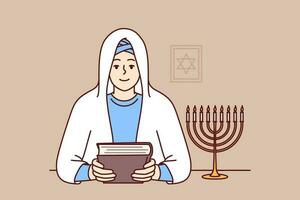 juif femme rabbin détient torah dans mains et est assis près image de étoile de David, habillé dans religieux vêtements et blanc voile. souriant fille apprentissage juif religion et prières à culte Dieu vecteur