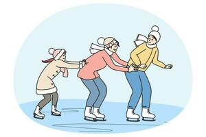 content famille avoir amusement patinage sur la glace patinoire sur hiver vacances ensemble. souriant Parents avec enfant prendre plaisir sport activité sur fin de semaine. vecteur illustration.