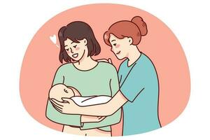 content infirmière et Jeune mère en portant nouveau née bébé sur mains. souriant maman réunion enfant bébé avoir confort de médecin. maternité concept. plat vecteur illustration.