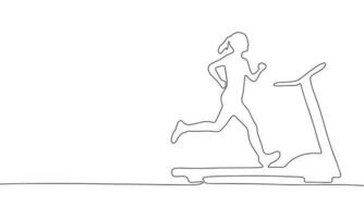 femme sur tapis roulant un ligne continu. sport concept bannière. ligne art contour vecteur illustration isolé sur blanc Contexte.