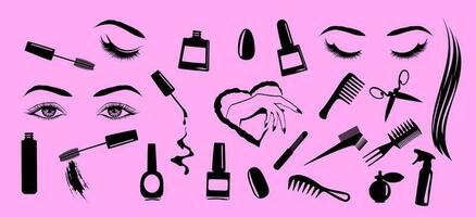 ensemble de silhouettes de outils pour beauté salon, cosmétologie. vecteur