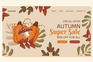 l'automne super vente atterrissage page modèle un événement conception. différent feuilles branches, citrouilles et champignon mouche agaric. la toile page avec spécial offre traiter pour en ligne boutique vecteur