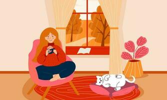 femme séance dans une chaise dans de face de fenêtre à Accueil avec café dans mains, chat est pose. l'automne paysage à l'extérieur le fenêtre vecteur