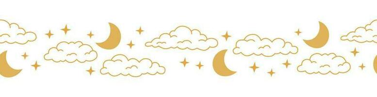boho céleste sans couture frontière avec ligne art nuage, lune et étoile. Jaune couleurs univers conception vecteur
