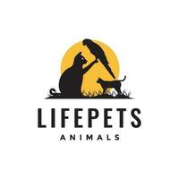 animaux domestiques ami chat oiseau en jouant parc le coucher du soleil mascotte logo vecteur icône illustration