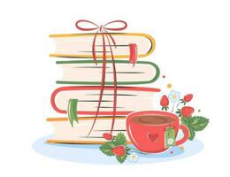 livres, tasse café ou thé avec avec fleurs et des fraises sur blanc Contexte. conception pour été salutation carte pour bibliothèque ou librairie. vecteur illustration
