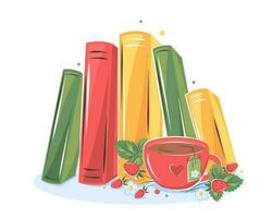 livres, tasse café ou thé avec avec fleurs et des fraises sur blanc Contexte. conception pour été salutation carte pour bibliothèque ou librairie. vecteur illustration