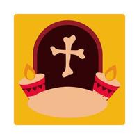 jour des morts croix de pierre tombale et bougies allumées icône de célébration mexicaine bloc et plat vecteur