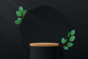 podium de piédestal de cylindre en bois noir et marron moderne. scène de mur minimal sombre, toile de fond géométrique avec feuille verte. forme 3d de rendu vectoriel pour la présentation d'affichage de produit. concept de chambre abstrait.