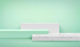 podium moderne en marbre blanc et cube vert avec fond de salle vide vert clair. vecteur abstrait rendant la forme 3d pour l'affichage des produits publicitaires. studio de scène minimaliste pastel.
