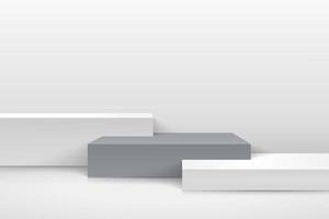 vecteur abstrait rendant la forme 3d pour placer l'affichage du produit avec espace de copie. podium cube blanc et gris moderne avec fond de salle vide. illustration vectorielle