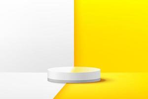 vecteur abstrait rendant la forme 3d pour l'affichage du produit publicitaire avec espace de copie. podium blanc et rond moderne avec fond de salle vide blanc et jaune. concept de chambre studio minimal pastel.