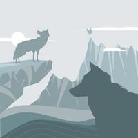 loups silhouette dans le paysage des montagnes vecteur