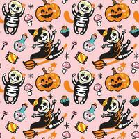 marrant chat dans Halloween squelette costume. enfants dessin pour Halloween sur une rose Contexte. vecteur