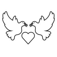 colombes oiseaux volant avec icône de style de ligne coeur vecteur