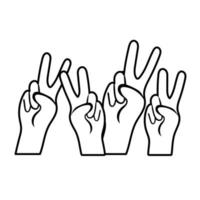 icône de style de ligne de symboles de paix et d'amour de mains interraciales vecteur