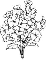 primevère fleurs illustration coloration page, simplicité, embellissement, monochrome vecteur art, contour impression avec fleur primevère, primevère bouquet feuilles, et bourgeons, primula denticulé fleur tatouage