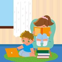 fille et garçon avec des livres et un ordinateur portable vecteur