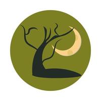arbre sec devant la pleine lune la nuit à plat et icône de bloc vecteur