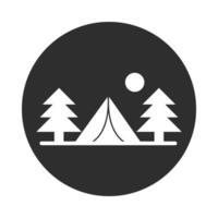 camping tente pins soleil paysage bloc et icône plate vecteur