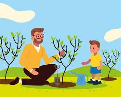 papa et fils plantant un arbre vecteur