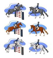 équitation, femme, équitation, cheval dressage, dans, dessin animé, style vecteur