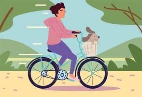 femme faisant du vélo avec animal de compagnie vecteur
