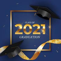 classe de remise des diplômes de 2021 avec chapeau et confettis et ruban doré. illustration vectorielle vecteur