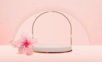fond de piédestal 3d blanc avec fleur d'hibiscus pour la présentation de produits cosmétiques, magazine de mode. copie espace illustration vectorielle vecteur