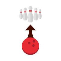 bowling boule rouge et épingles flèche direction jeu sport récréatif icône plate design vecteur