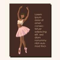 africain américain sans visage ballet Danseur dans une rose tutu et pointe des chaussures dansant sur une marron Contexte avec copie espace, texte lorem ipsum. vecteur illustration dans plat style