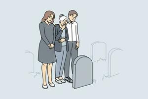 malheureux famille dans noir vêtements pleurs à relatif la tombe sur cimetière. dérangé désespéré gens faire le deuil aspirer à tombeau après décédé personne. enterrement. vecteur illustration.