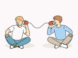 souriant garçons parler sur étain pouvez téléphone. content les enfants avoir amusement parler sur Fait main tasses Téléphone. enfance. vecteur illustration.