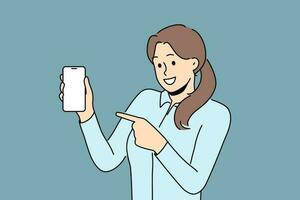 souriant femme point à maquette écran sur téléphone portable. content femelle spectacle avec doigt sur Vide afficher sur téléphone intelligent. La technologie et publicité. vecteur illustration.